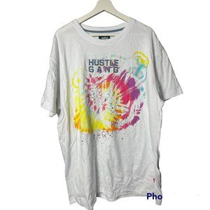 NWT Hustle Gang Men's White/Multi Tie Dye Embroidered HUSTLE GANG T-Shirt 2XL